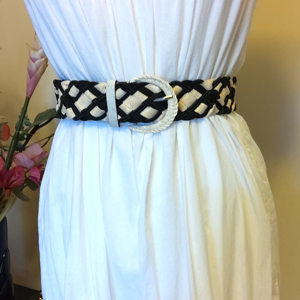 New Wide Faux Leather VTG Waist Belt Black White Braided Fashion Belt